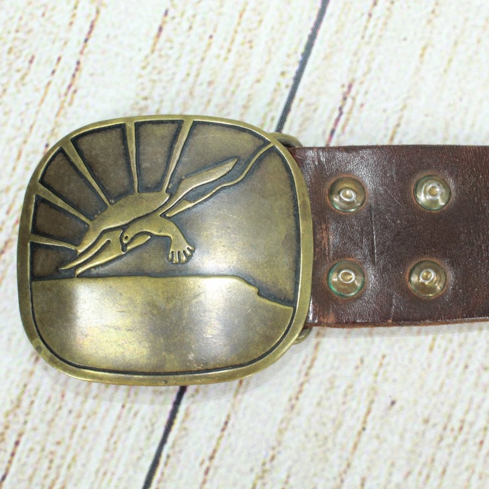 Vintage Brown Leather Belt with Solid Brass Eagle Buckle Size S - Picture 7 of 12